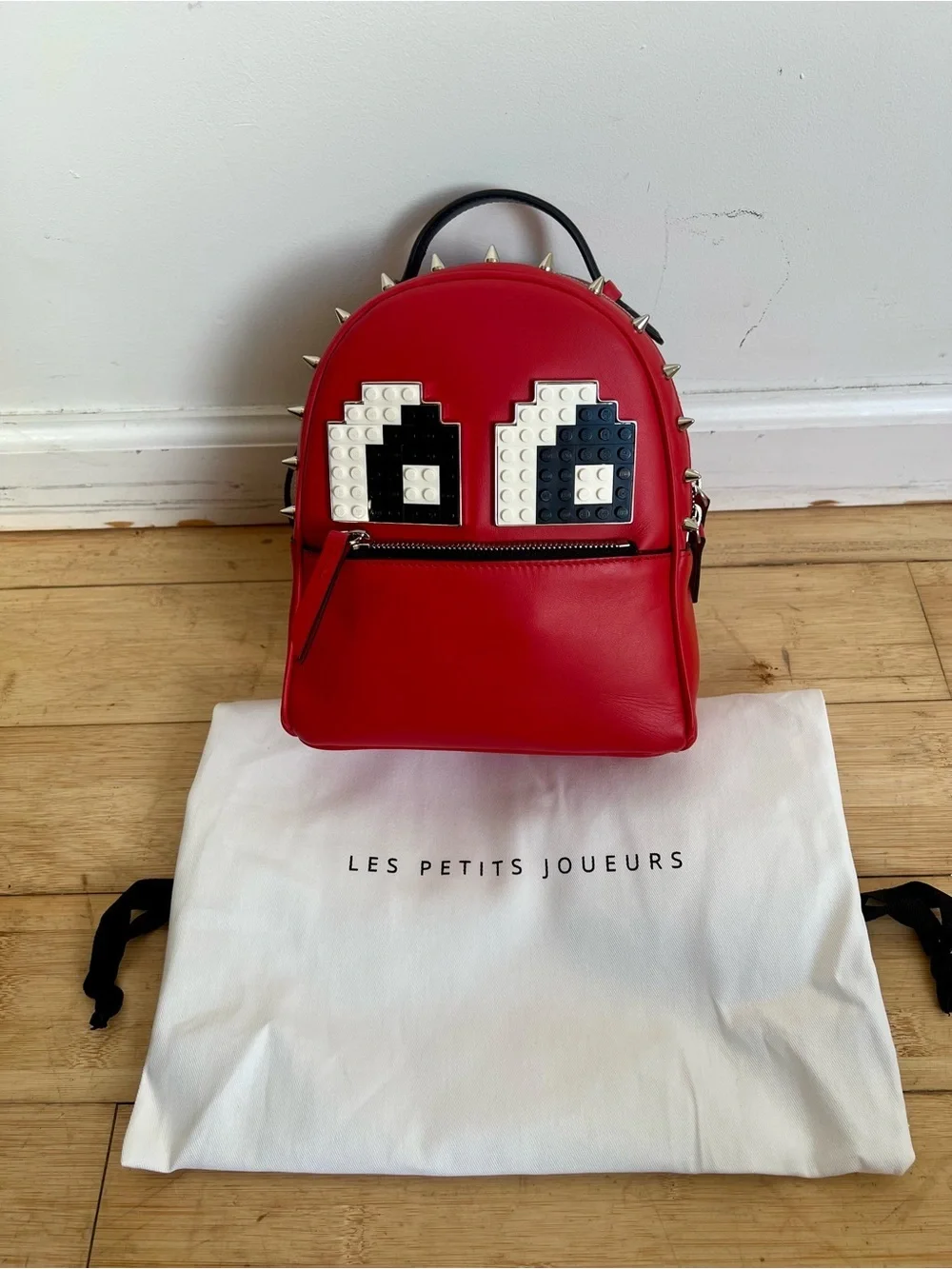 NWT Les Petits Joueurs Micro Mick Pixel Eyes Red Leather Backpack With Spikes